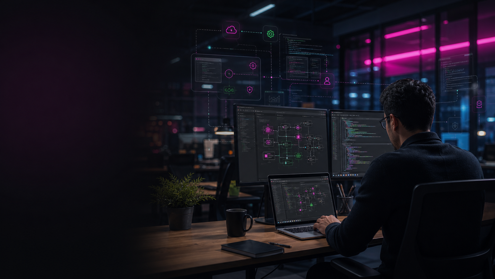 Custom software architecture workspace with dashboards and code