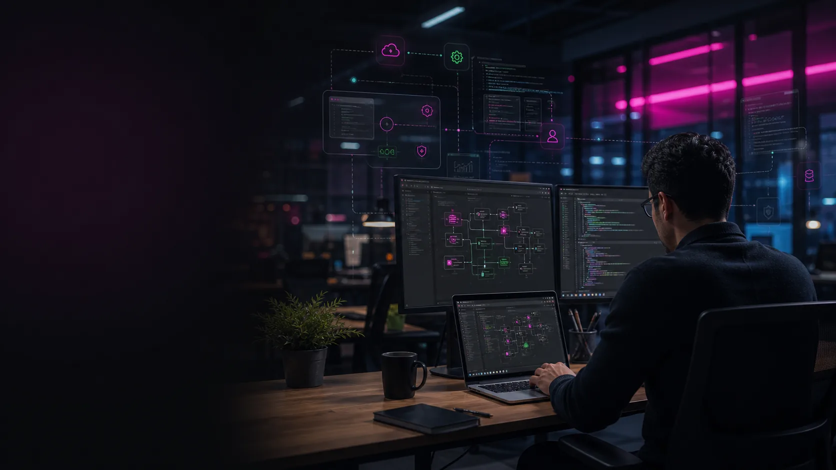 Custom software architecture workspace with dashboards and code