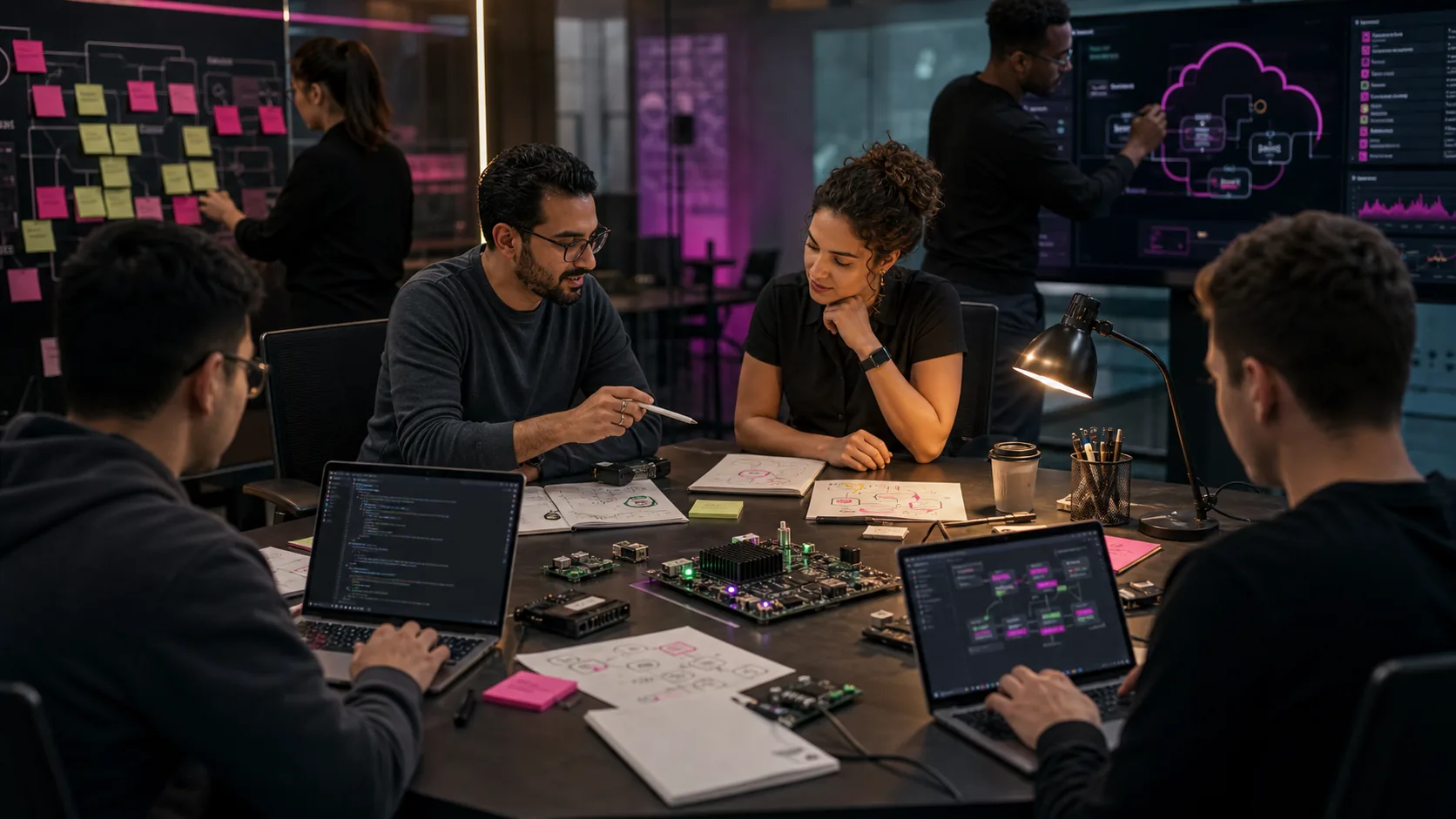 Engineering team collaborating across hardware firmware and software