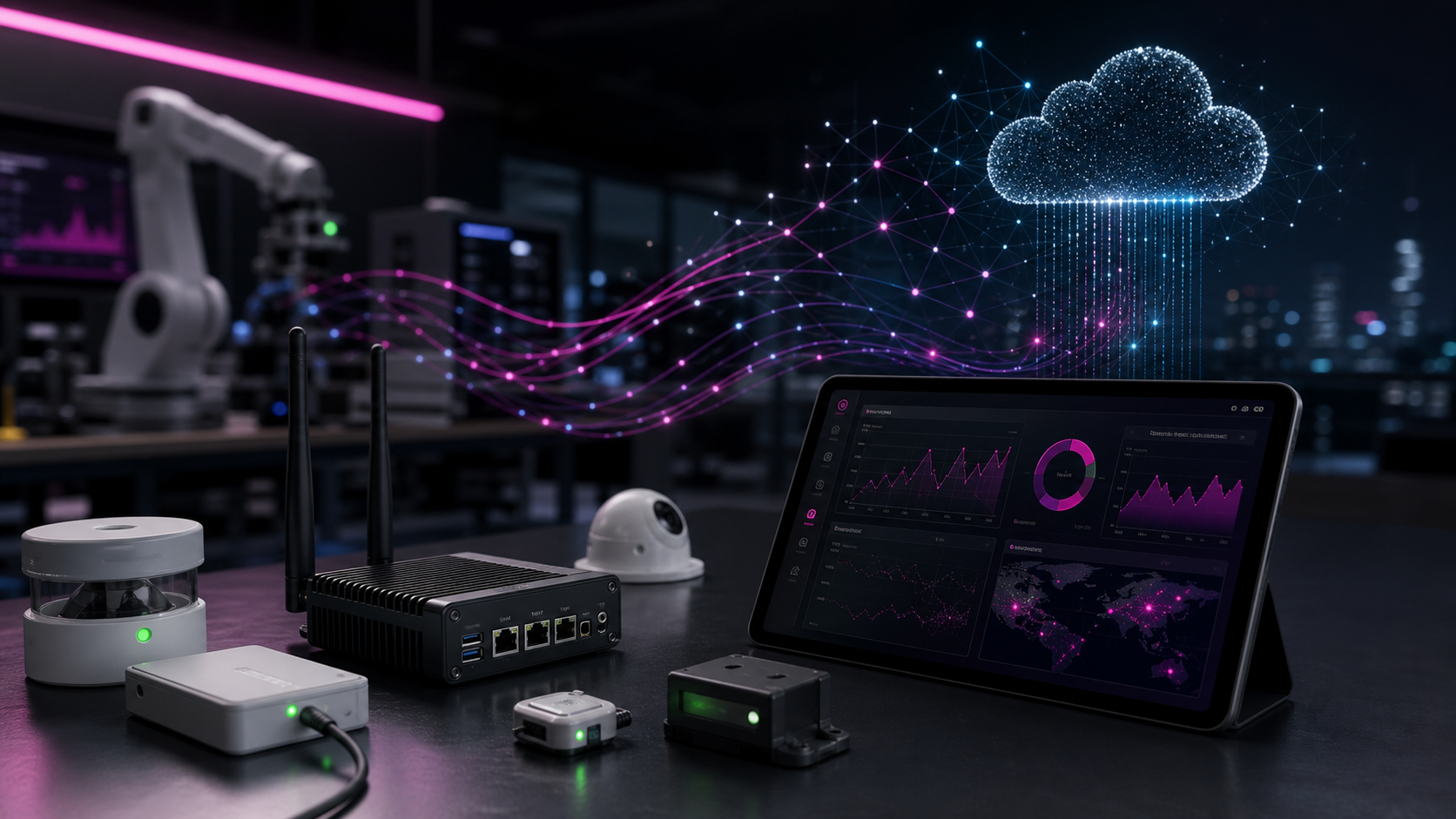 IoT devices connected to telemetry dashboard and cloud workflow