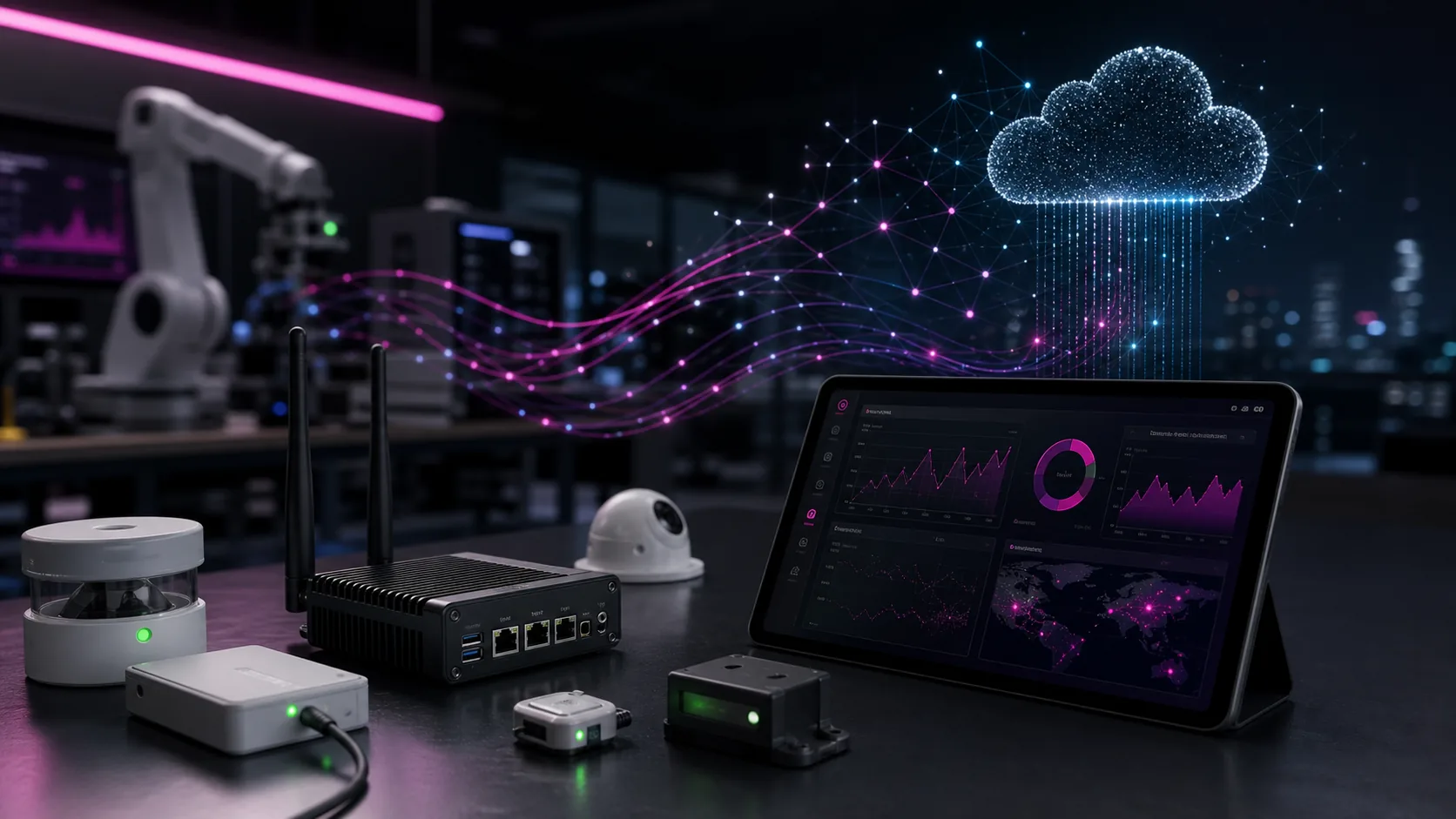IoT devices connected to telemetry dashboard and cloud workflow