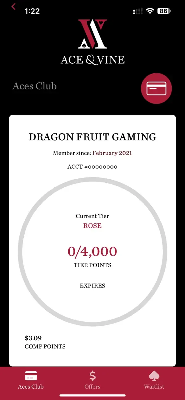 Ace & Vine Aces Club screen with a member card, tier progress ring and comp points.