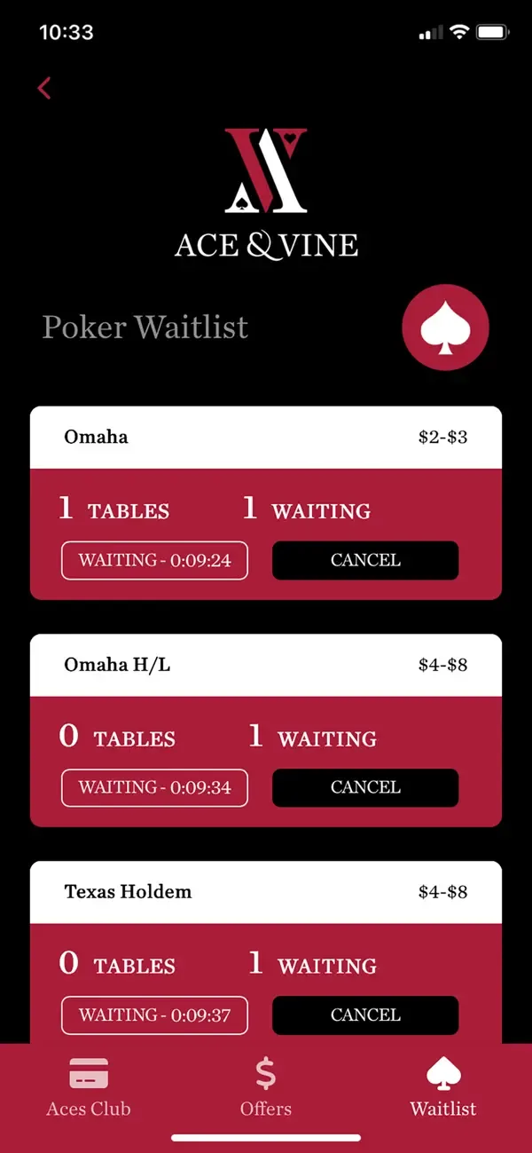 Ace & Vine poker waitlist screen showing tables, players waiting and countdown timers.