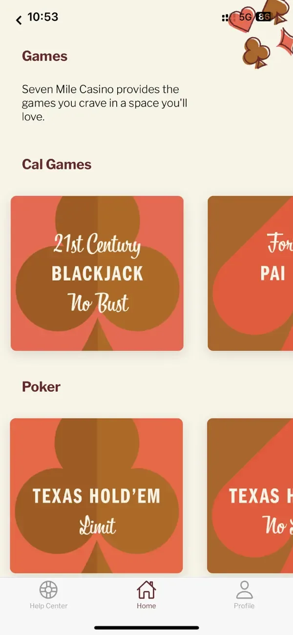 Seven Mile Casino games screen listing California games and poker tables.
