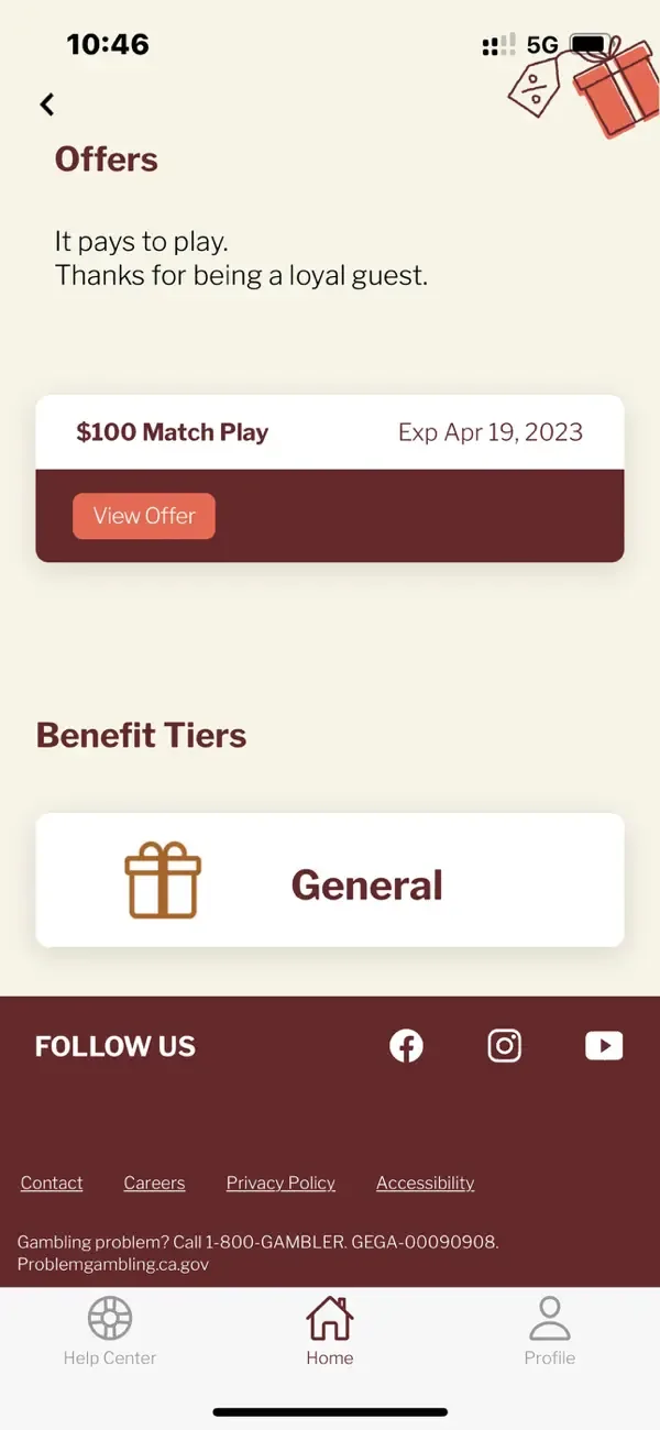 Seven Mile Casino offers screen with a match-play offer and a benefit tier card.