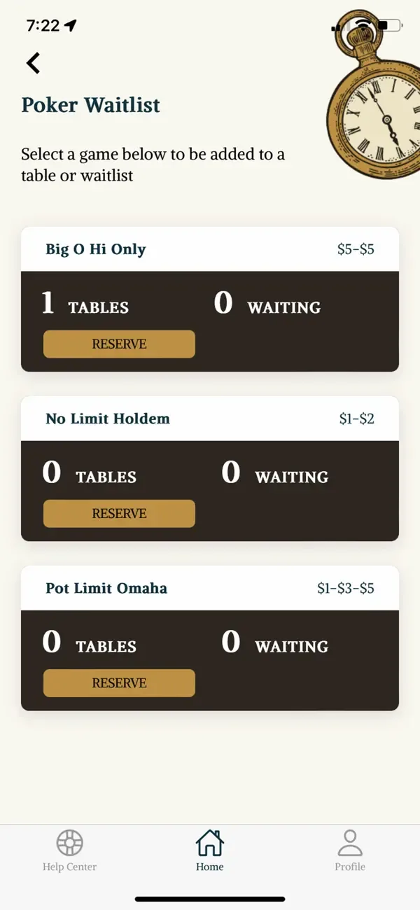 Stones Gambling Hall poker waitlist with table and waiting counts per game.