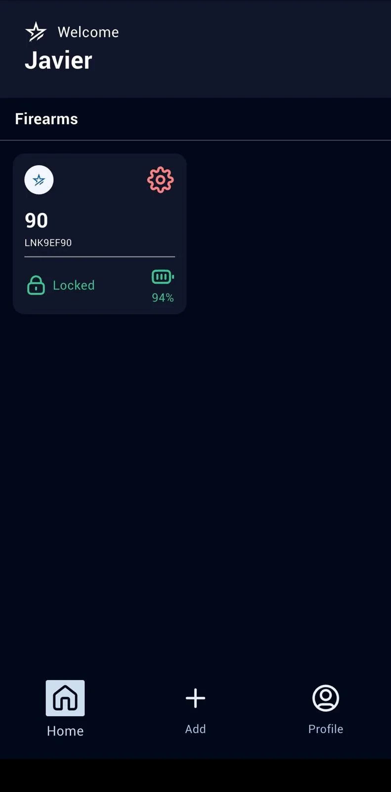 LodeStar app — home screen with firearm status and battery.