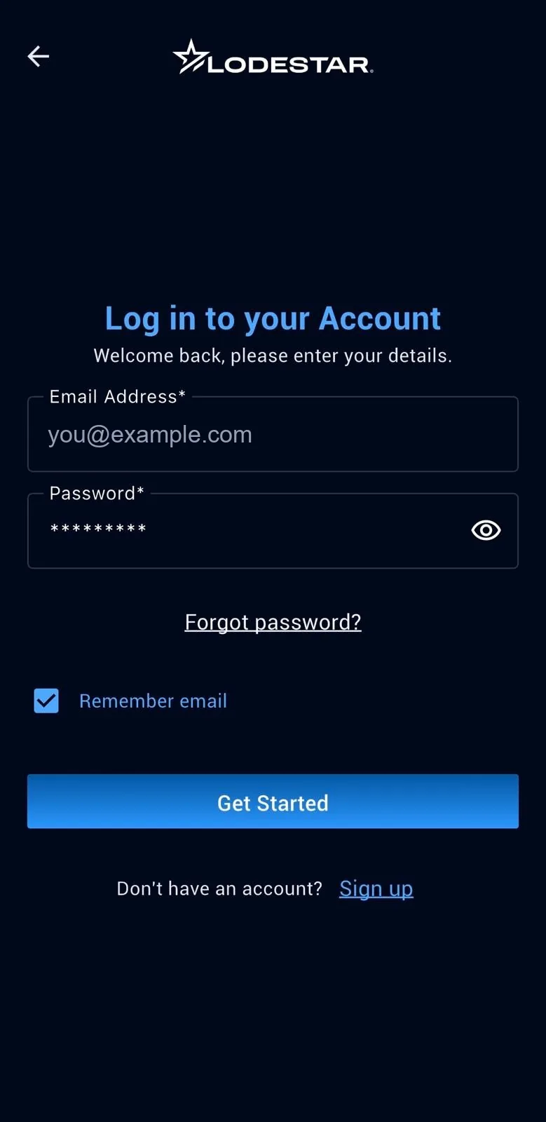 LodeStar app — account sign-in.