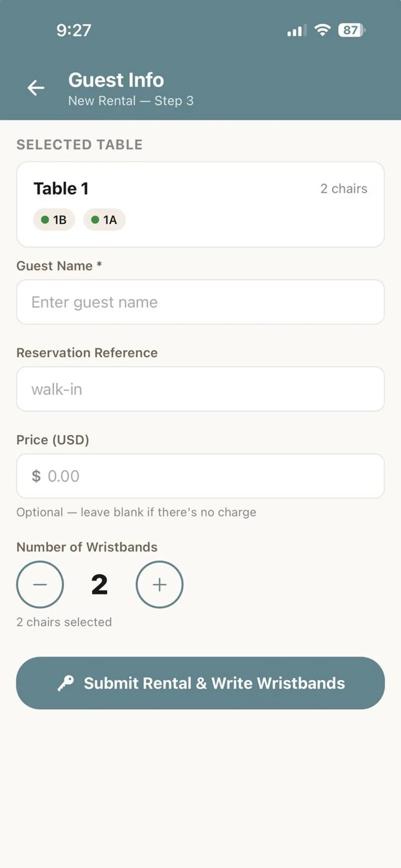 Loungera Kiosk app — guest details and number of wristbands before writing them.