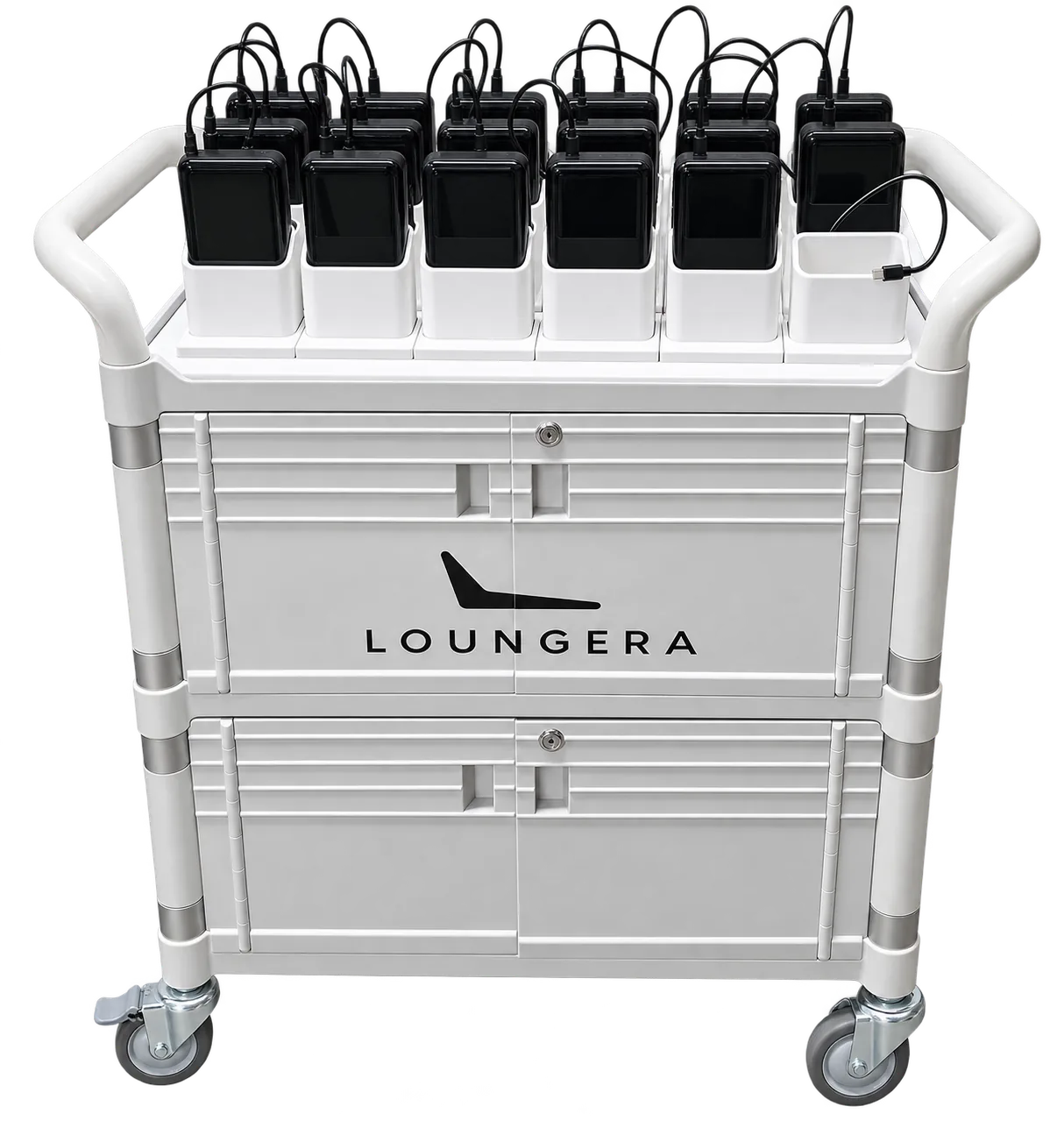 A white Loungera charging cart holding a row of kiosk devices on top, with two lockable drawers below.