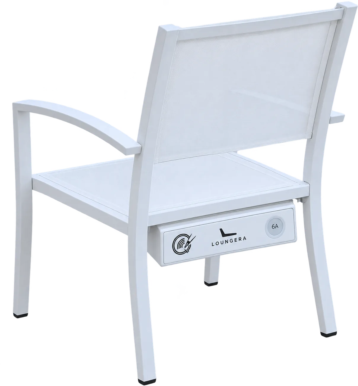 A white Loungera lounge chair seen from behind, with its lockable drawer closed and the tap-to-unlock panel visible.