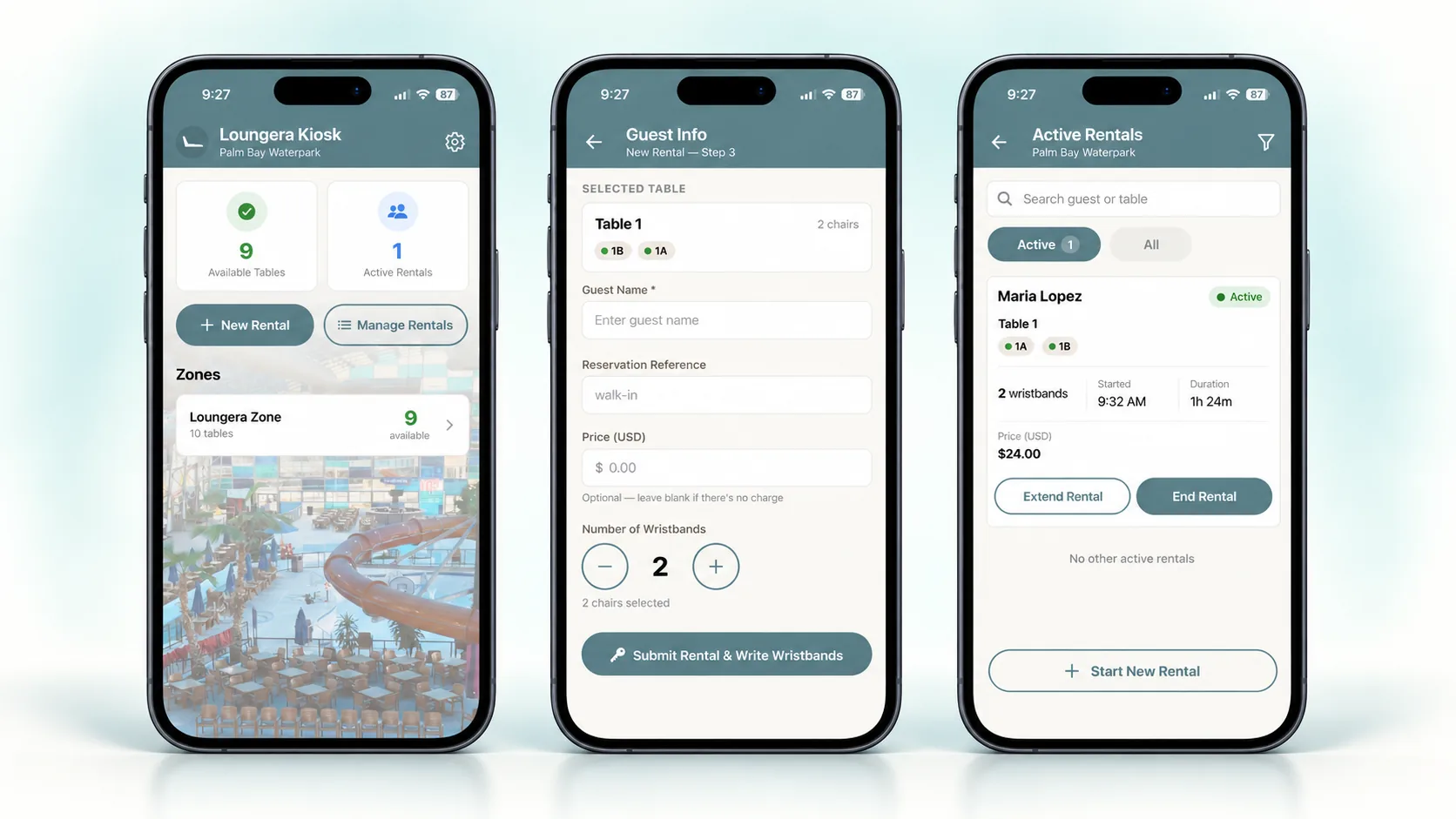The Loungera Kiosk app on three phones — the home screen with available tables and active rentals, the new-rental guest step, and the active-rentals list with extend and end controls.