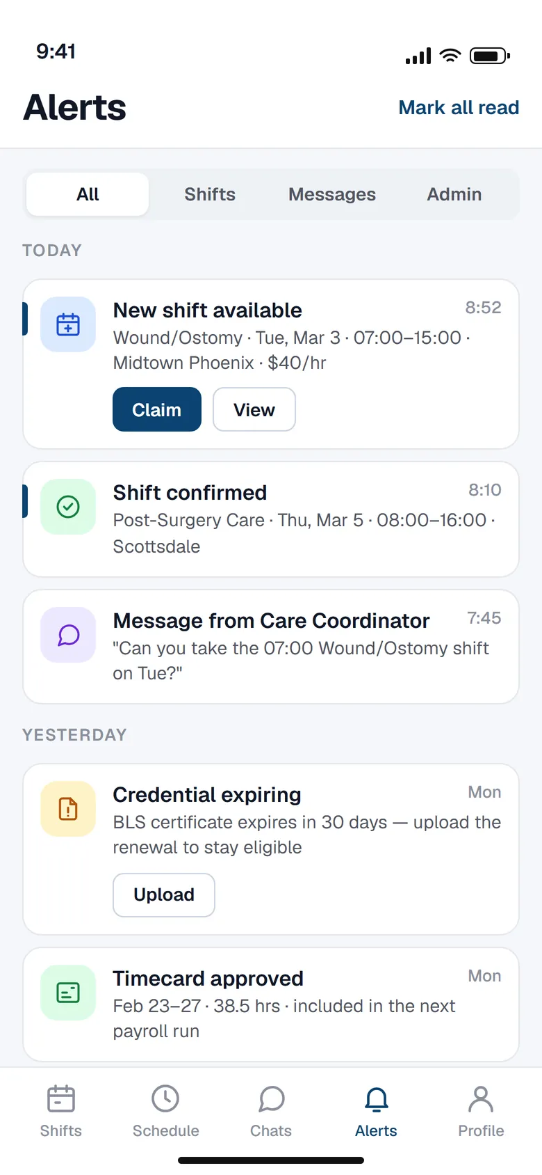 Navi Nurses mobile app — alerts feed with a new shift to claim, a confirmed shift, a message, a credential expiry and an approved timecard