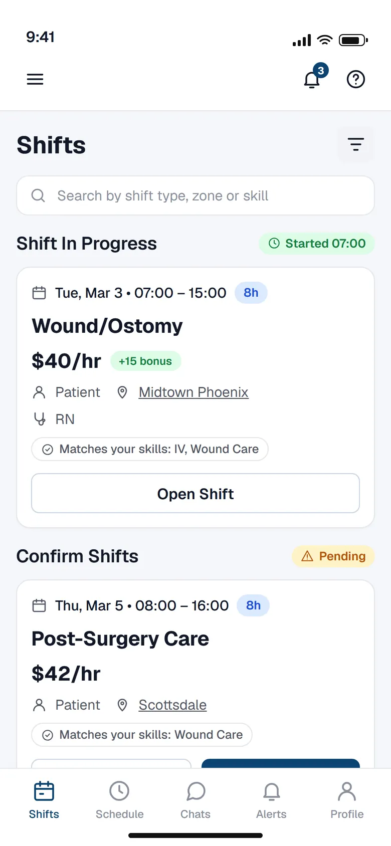 Navi Nurses mobile app — a nurse's shift list with a shift in progress, a shift awaiting confirmation and available shifts to claim