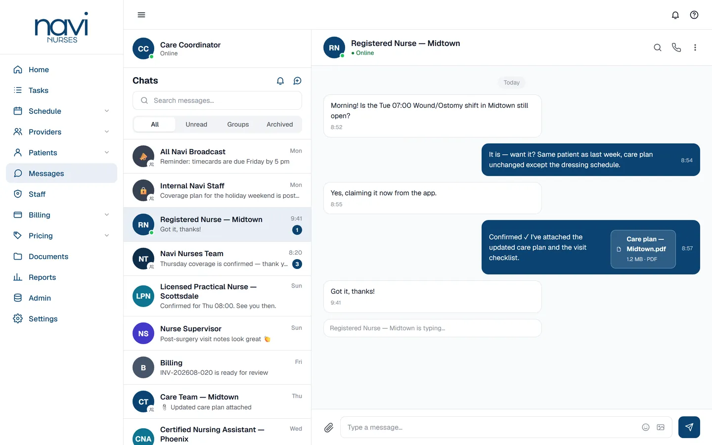 Navi Nurses web console — a coordinator's inbox with broadcast, group and direct conversations, and an open thread with a nurse including an attached care plan