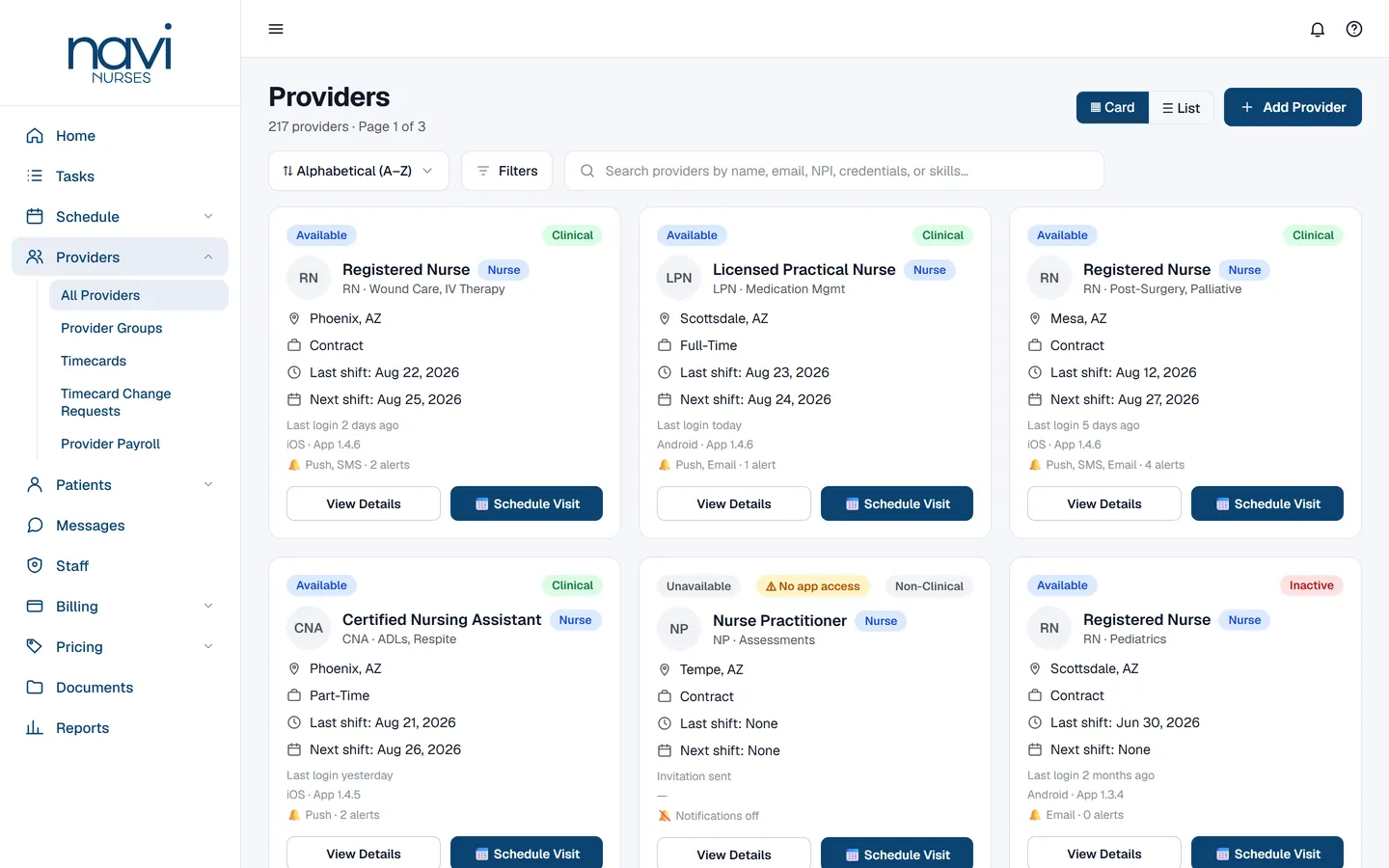 Navi Nurses web console — provider directory with availability, credentials, app access and notification status per nurse