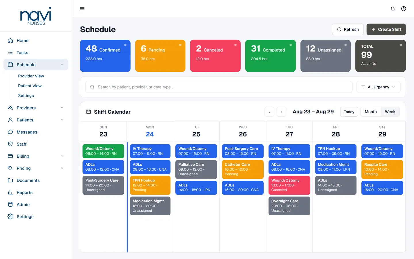 Navi Nurses web console — weekly shift calendar with confirmed, pending, completed and unassigned shift totals