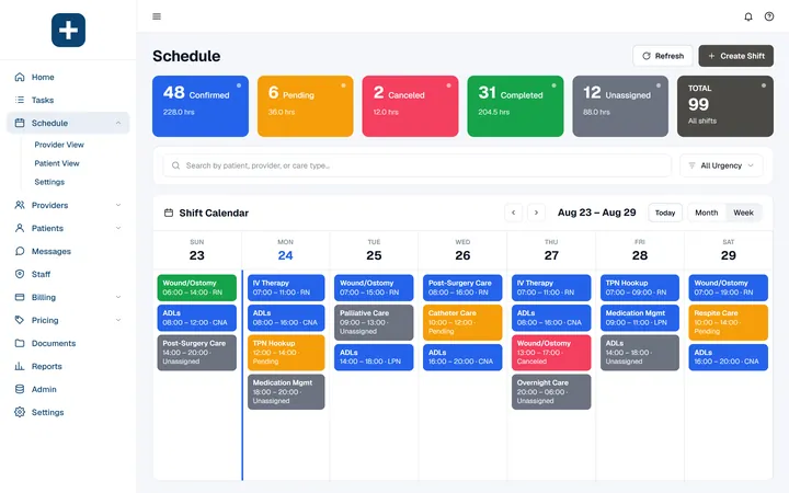 Home-care nursing web console — weekly shift calendar.