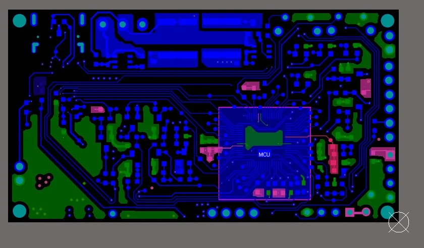 Layout de cobre de PCB multicapa con las pistas ruteadas alrededor del MCU