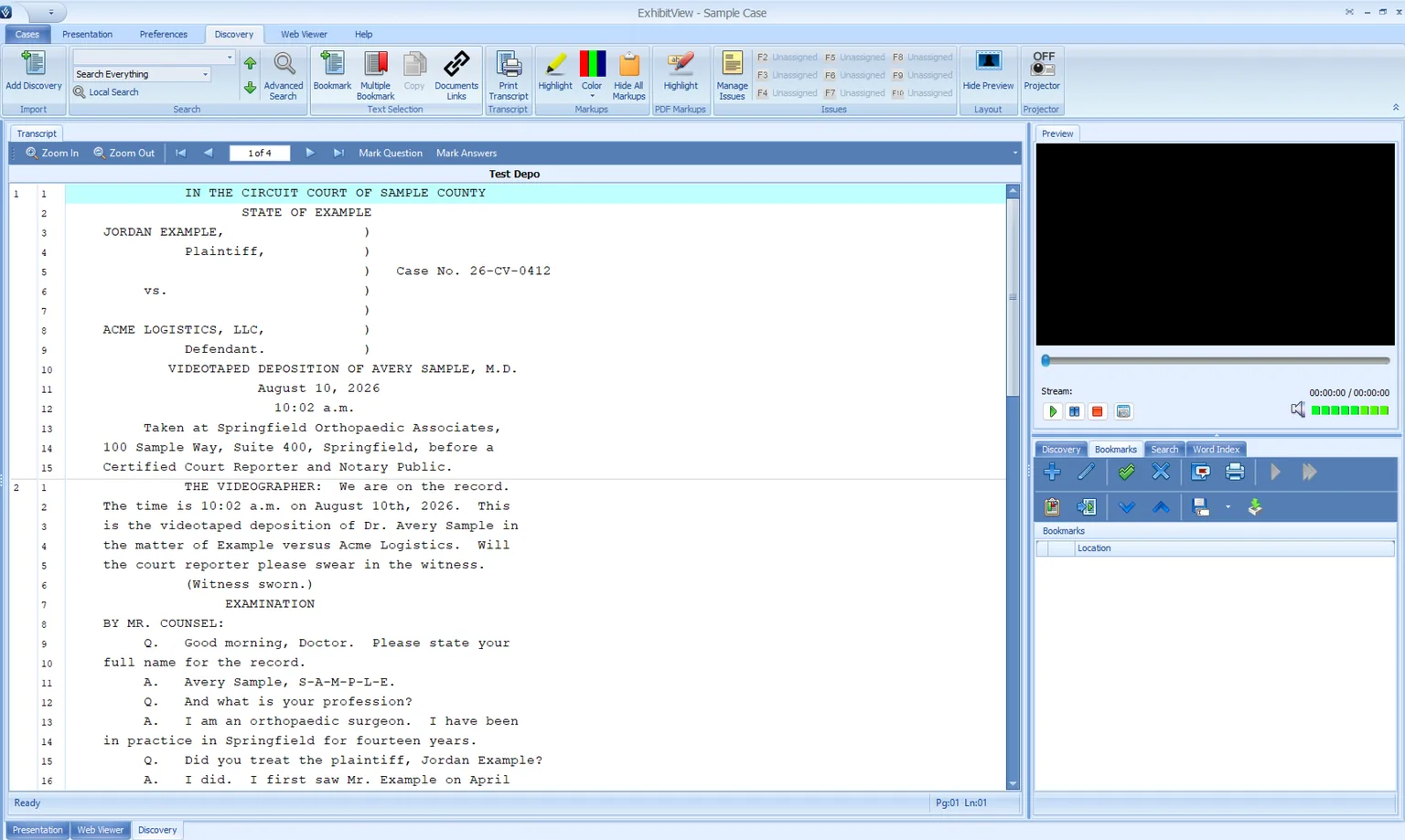 ExhibitView — the Discovery tab with a deposition transcript open beside the video preview and bookmarks.