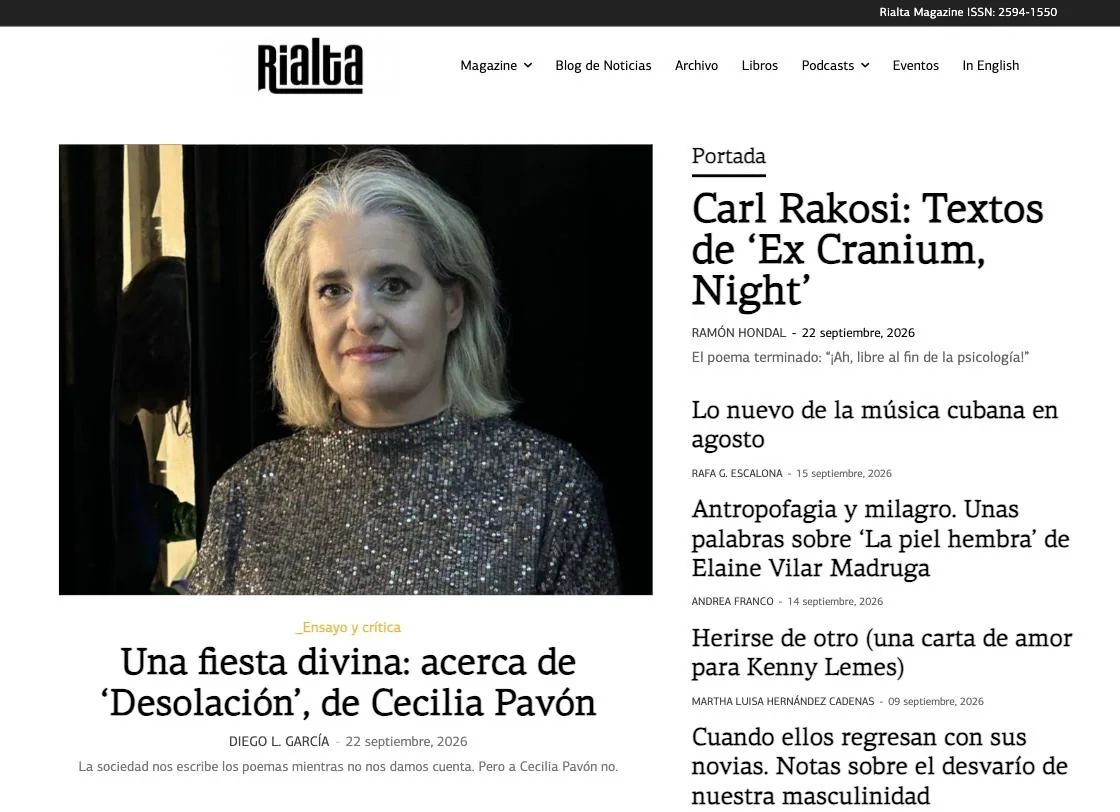 The Rialta homepage — a featured essay and the Portada index of recent articles on Cuban and Latin American culture.